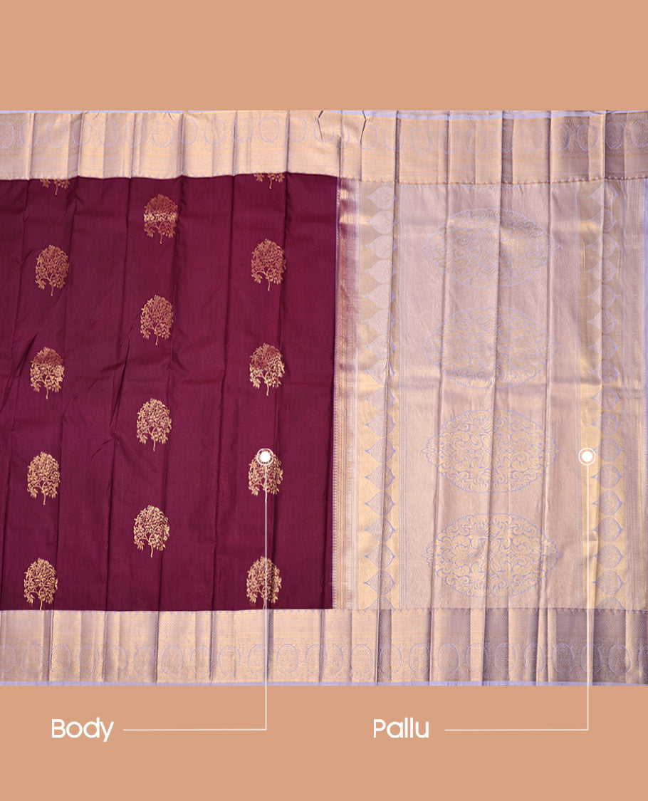 Purple Budget Silk Saree, Elevated with Tree Zari Buttas, Complemented by a Contrast Traditional Zari Border, Grand Pallu, and a Contrast Blouse