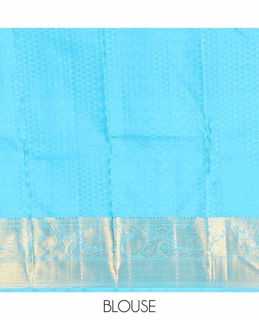 Blue floral jacqaurd silk saree with contrast design of thilakam mokku, banaras, manga design & floral pallu