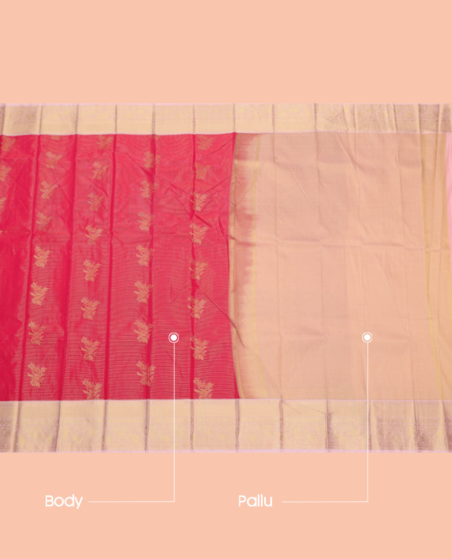 Pink Budget Silk Saree, Mesmerized with Zari Buttas and Stripes, Complemented by Contrast Traditional Zari Border, Grand Pallu, and a Contrast Blouse