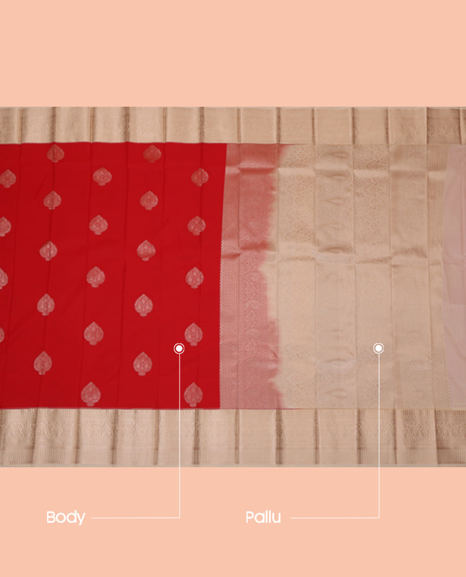 Red Budget Silk Saree, Accentuated with Zari Buttas, Complemented by a Contrast Traditional Zari Border, Subtly Woven Pallu, and a Contrast Blouse