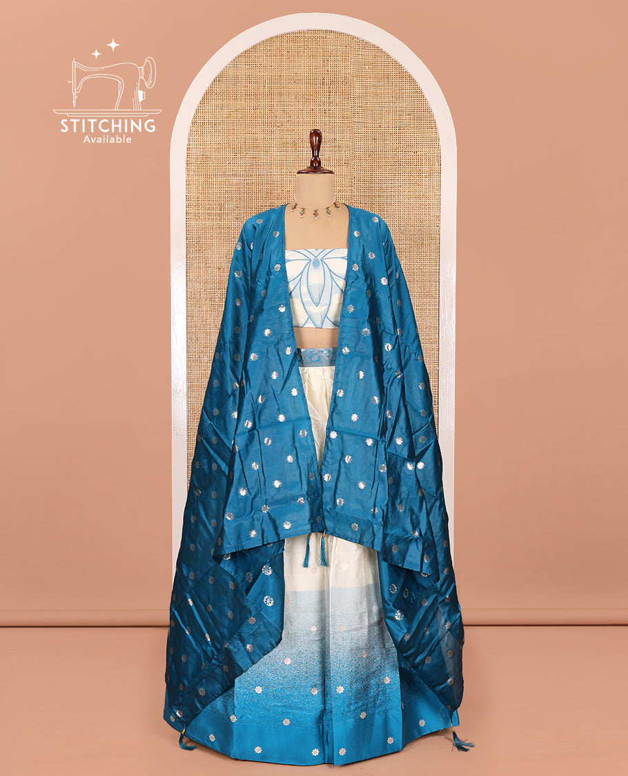 Cream-Rama Semi-Silk Half-Saree Features Flower Buttas Skirt, Contrast Border, Matching Blouse, Contrast Dhavani