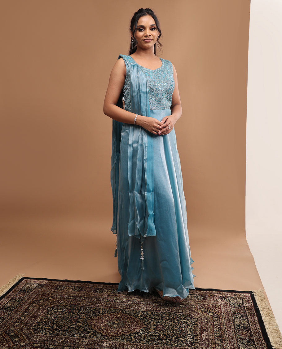 Blue embroidery round neck, sleeveless , floor lenght & embroidered dupatta