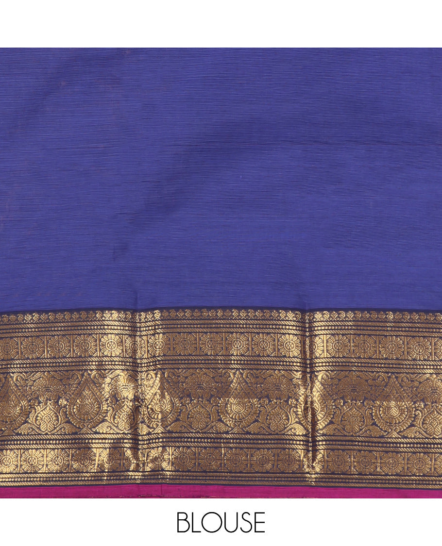 Blue Plain Chettinad Cotton Saree, Complemented by a Contrast Traditional Zari Design Border, Pallu of Stripes, and Paired with a Matching Blouse