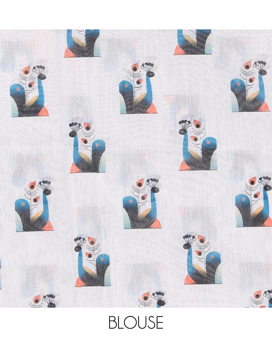 Borderless black modern art style Radha Krishna motifs printed chanderi cotton saree, big Radha Krishna motifs printed pallu and a contrast printed blouse