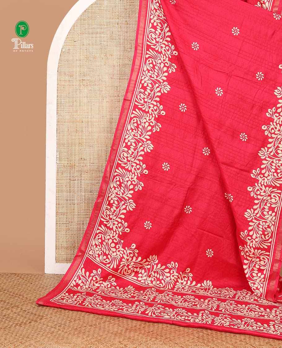 Rani pink batik-style floral butta printed Malgudi silk saree, batik floral design printed piping zari border & floral printed pallu