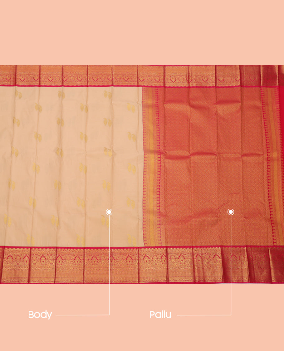 Sandal Budget Silk Saree, Sparsely Woven with Zari Buttas, Complemented by a Contrast Traditional Zari Border, Jaal Pallu, and a Contrast Blouse