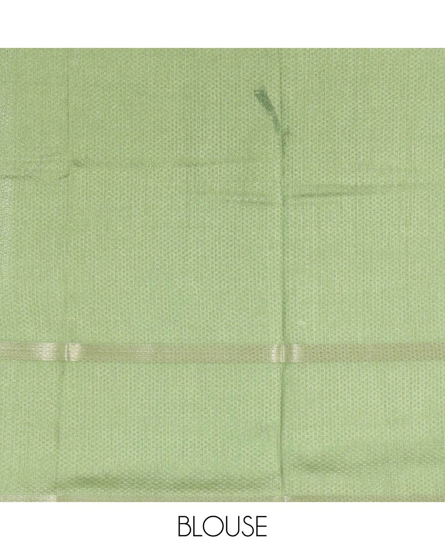 Green embossed moss chiffon saree, contrast traditional rettai pettu border, embossed pallu, and a contrast embossed blouse