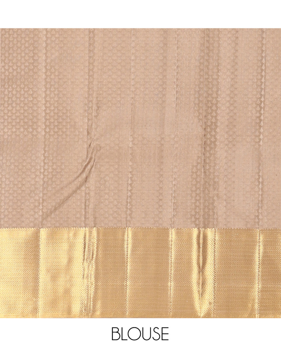 Gold Embossed-Zari Buttas Kanchipuram Silk Saree, a Vanki Zari Border, Grand Pallu, Matching Blouse