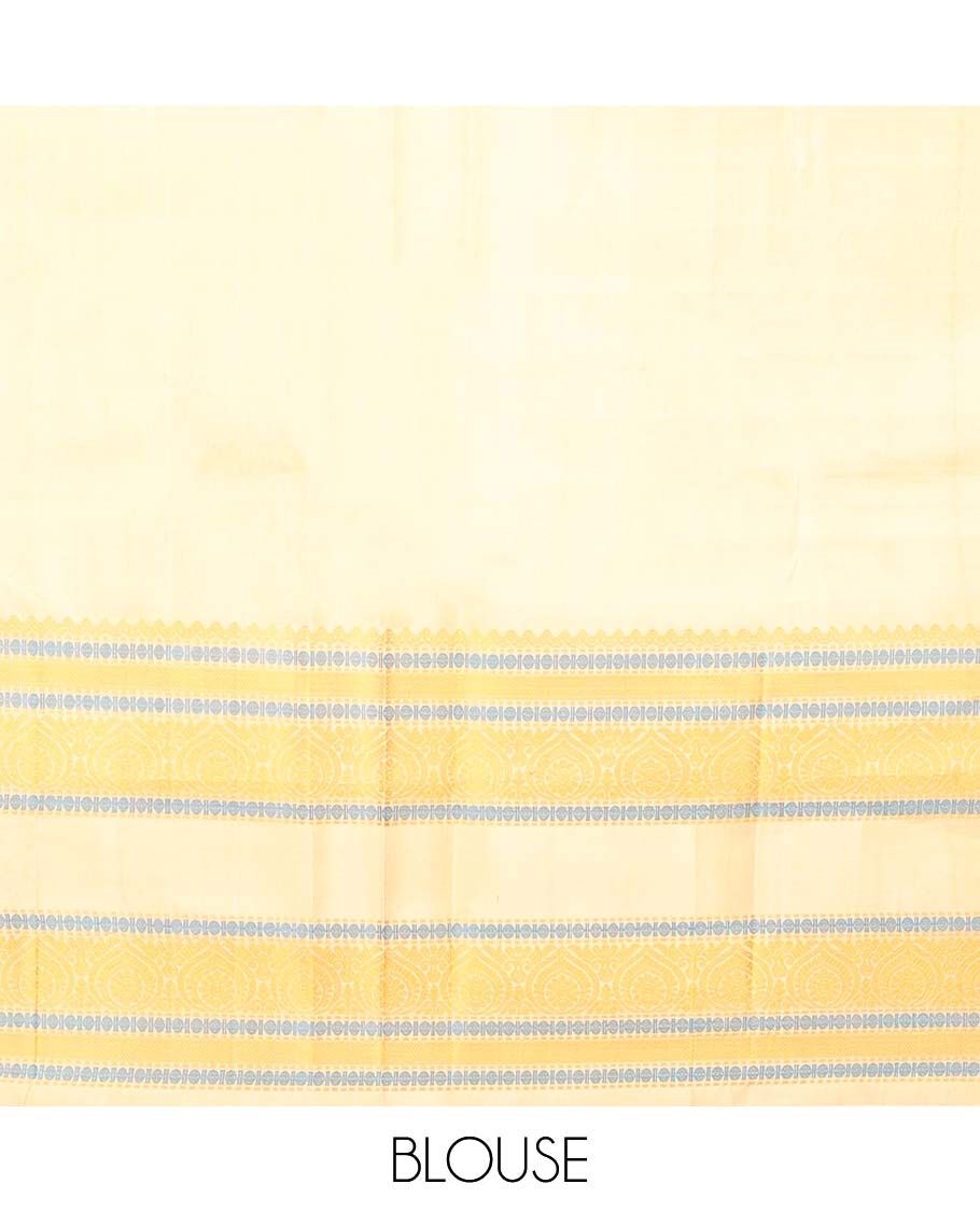 Cream floral buttas kancheepuram silk saree with self border of intricat zari design & peacock, floral design pallu