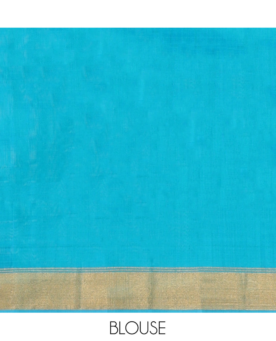 Blue Uppada Silk Saree Accentuated with Parrot Zari Buttas, Complemented by Bavanji Border, Contrast Pallu Steeped with Parrot Zari Designs, and Paired with a Contrast Blouse