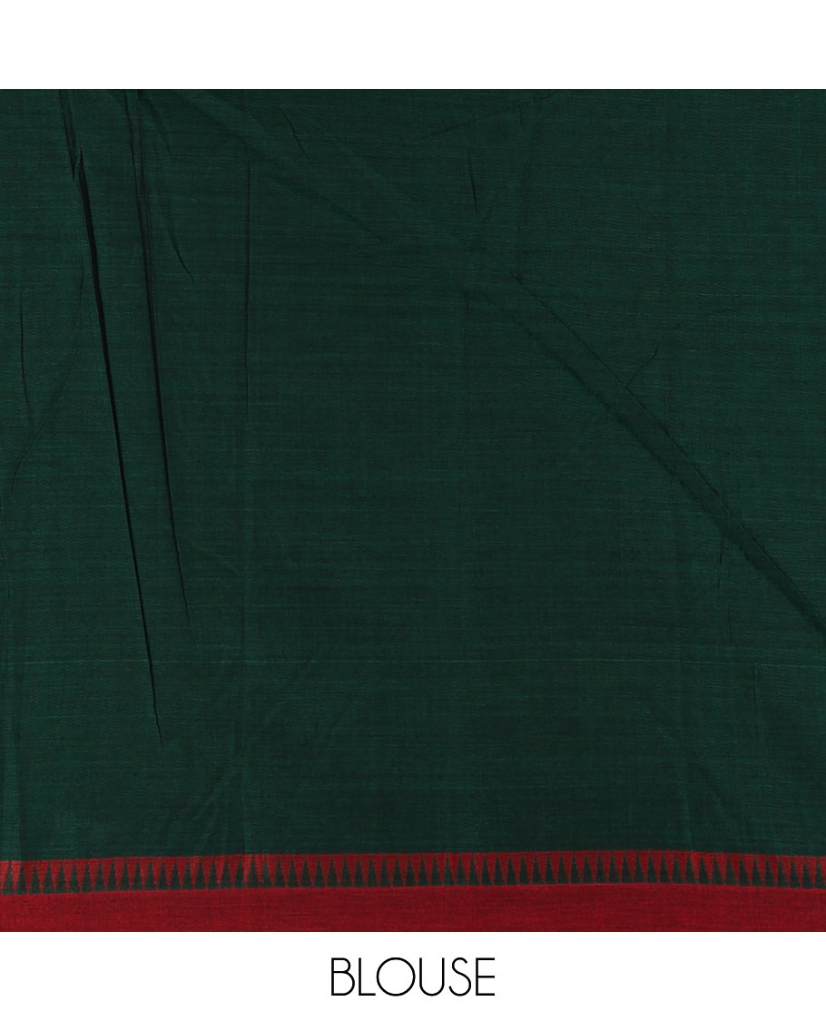 Green plain mercerised cotton saree, contrast temple plain border, striped pallu, and a matching blouse