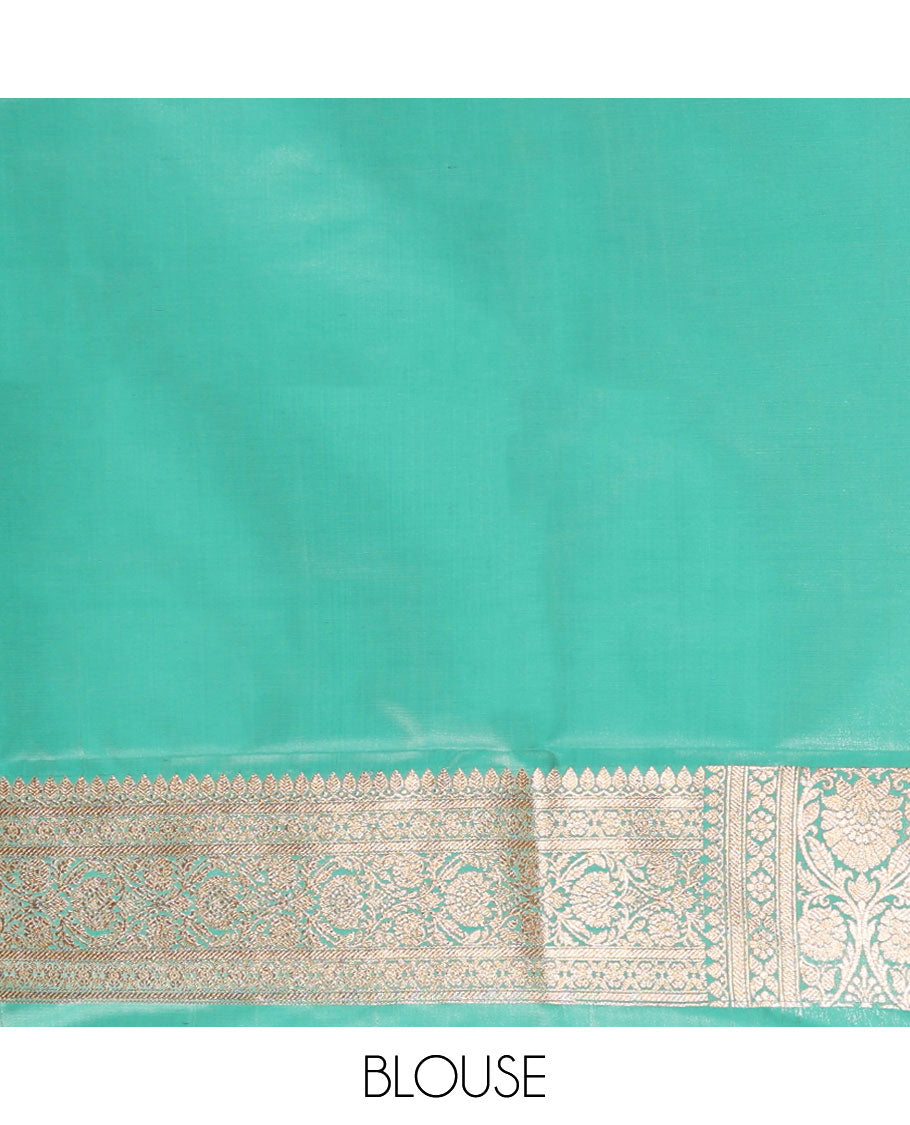 Sea green leaf buttas semi banaras nylon saree with self traditional zari design border & floral vine design pallu