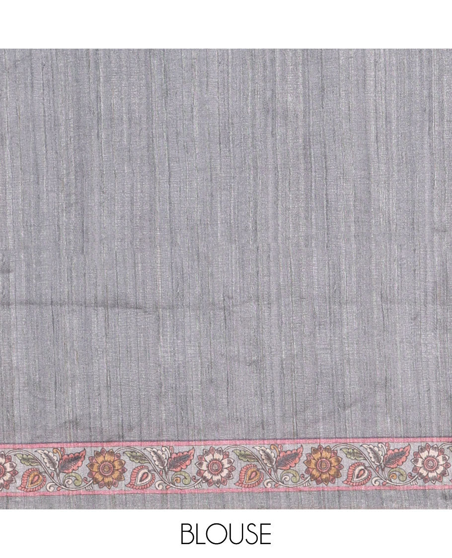 Grey kalamkari floral vine printed fancy tussar saree, floral printed border, Tree of life printed pallu, and a matching blouse