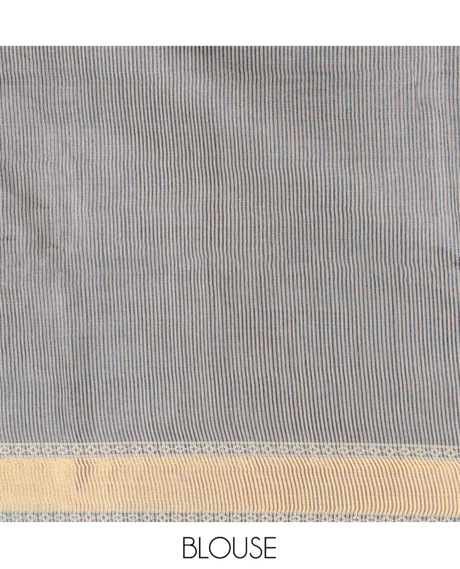 Grey Tussar Silk Saree, Subtly Steeped with Buttas, a Subtle Zari Border, Pallu Features Stripes and Buttas, and a Matching Blouse