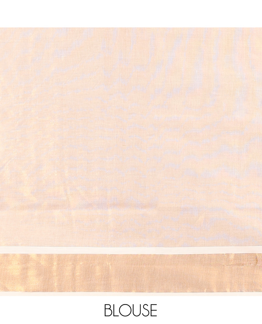 Cream Kerala Cotton Saree, Delicately Woven with Thread and Zari Buttas All Over Its Body, a Zari Bavanji Border, Pallu of Elephant Designs, and Paired with a Matching Blouse