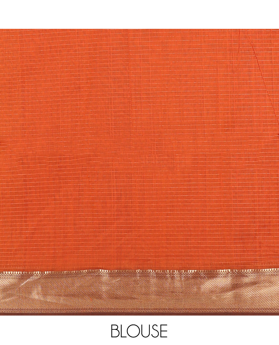 Rust Maheshwari Cotton Saree, Delicately Woven with Zari Checks, a Traditional Zari Border, Gleaming Zari Pallu, and a Matching Blouse