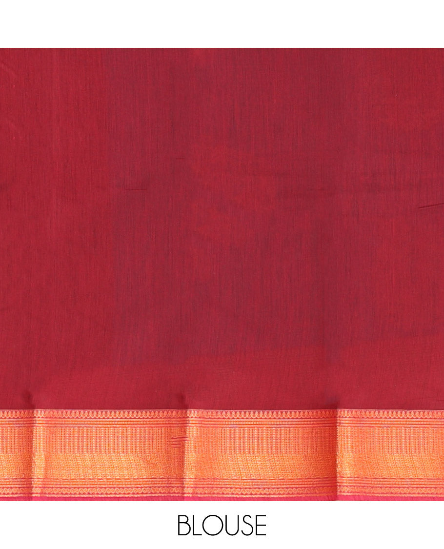 Blue Semi-Silk Cotton Saree, Decorated with Zari Buttas All Over Its Body, Highlighted by a Traditional Zari Border, Complemented by a Contrast Pallu of Geometric Designs, and Paired with a Contrast Blouse