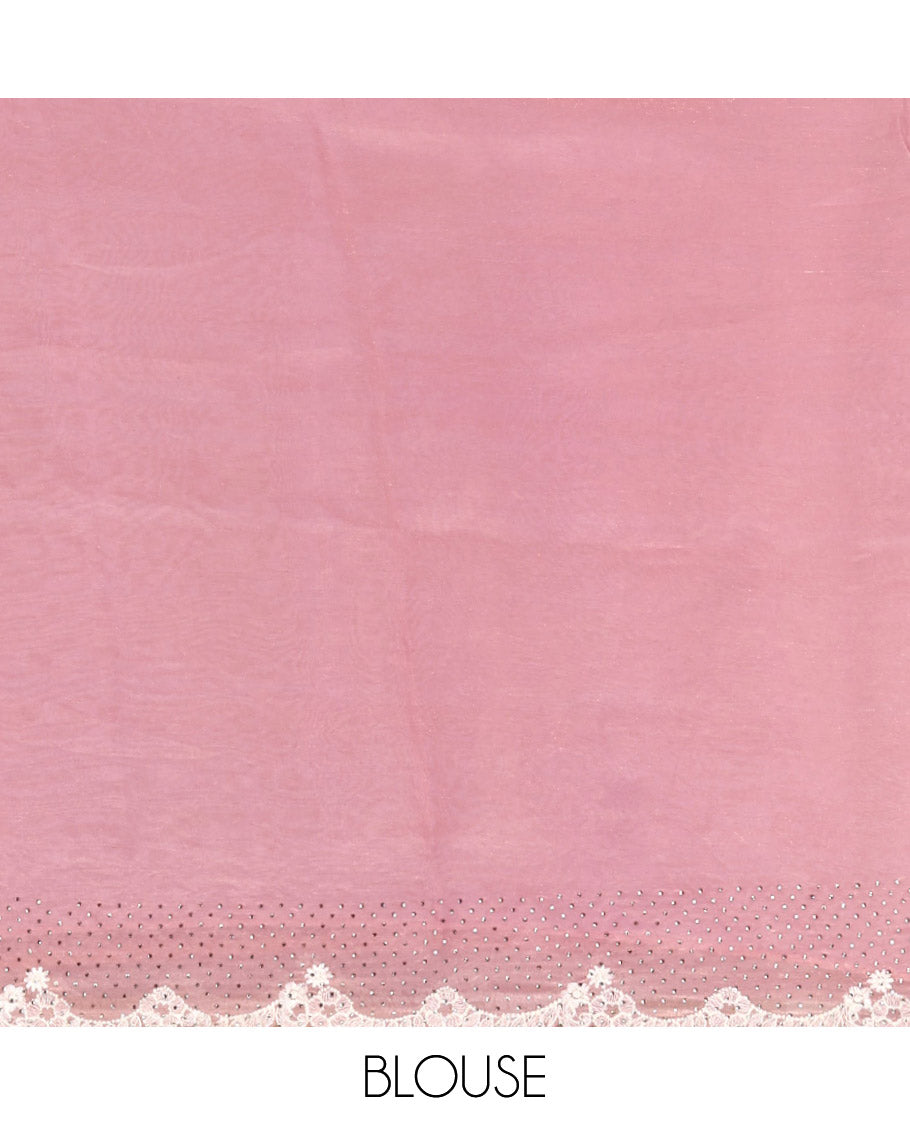 Pink Designer Saree, Gracefully Embellished with Stone Work, Scallop Lace Border, a Self-Pallu, and a Matching Blouse