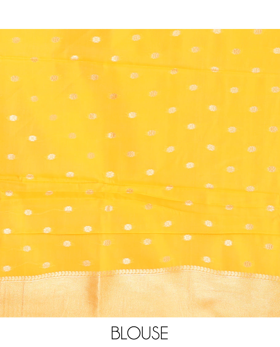 Off-White-Yellow Semi-Silk Saree, Adorned with Floral Jacquard Design, a Zari Paisley Border, and a Contrast Blouse