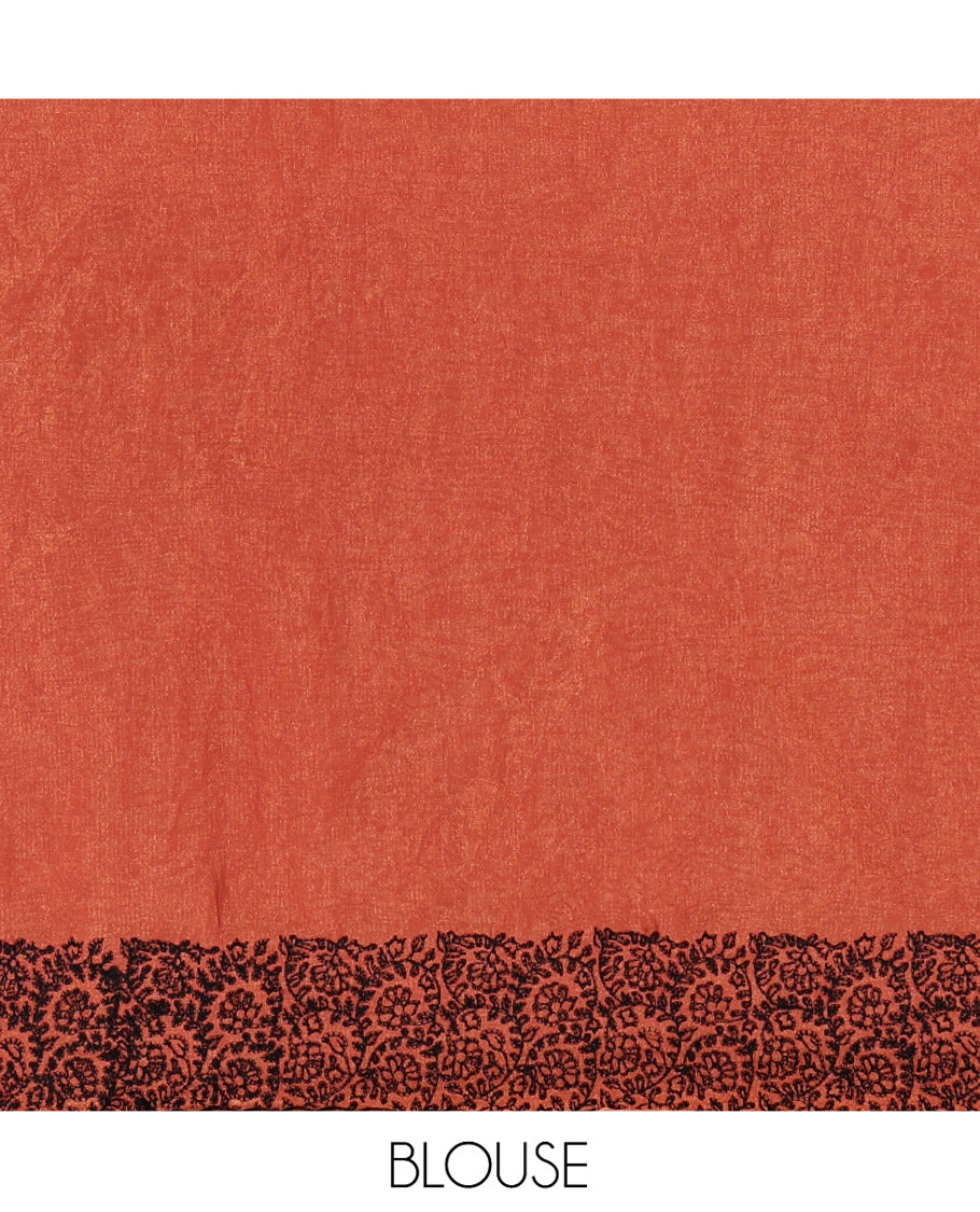Orange Designer Saree, Beautified with Leaf Motif Embroidery, Scallop Floral Jaal Embroidery Border, and Matching Embroidered Blouse