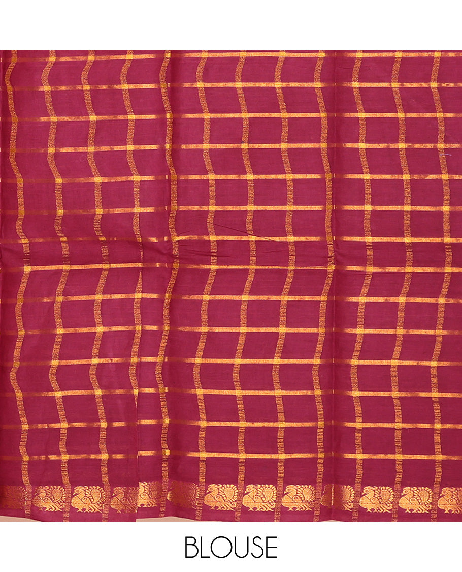 Black Sungudi Cotton Saree, Adorned with Zari Checks on Its Body, Complemented by a Contrast Peacock Motifs Woven Zari Border, Zari-Checked Pallu, and Paired with a Contrast Blouse