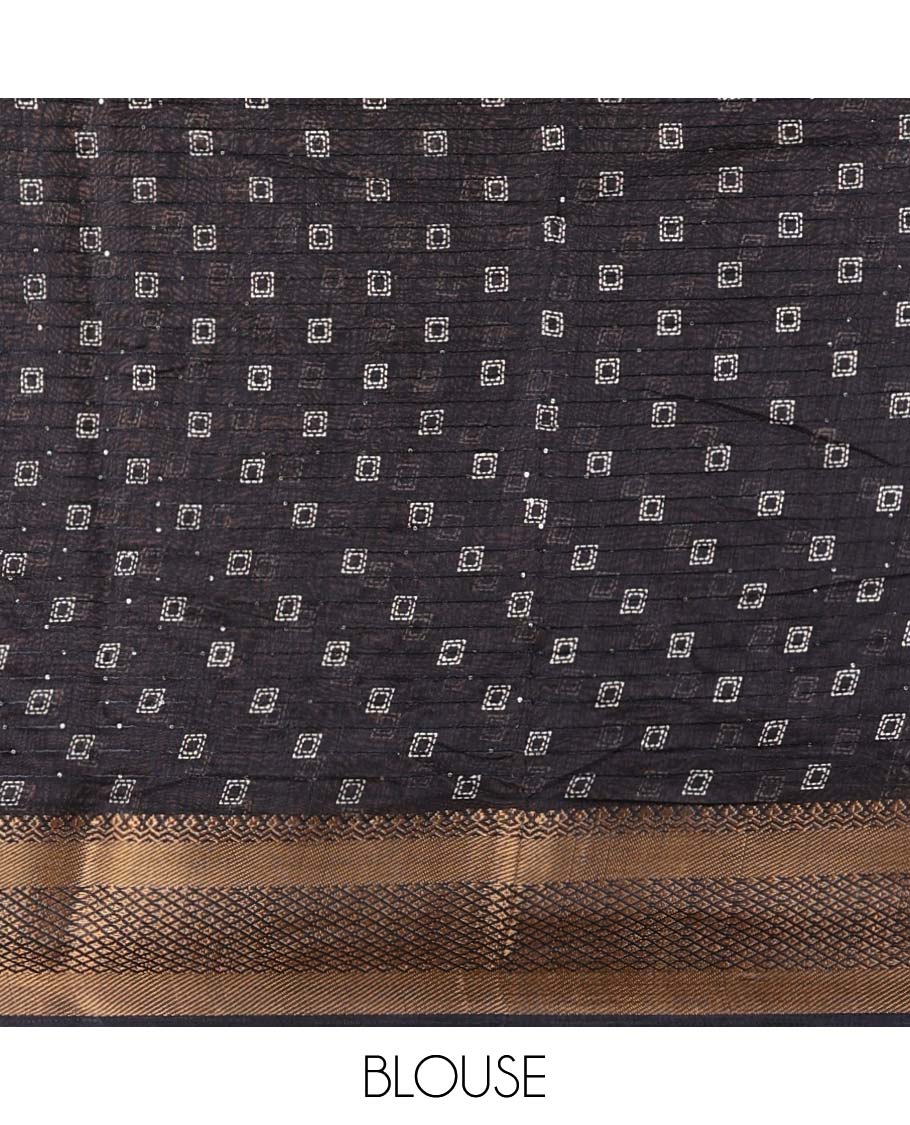 Black all-over vareli print, sequence line dola silk saree with contrast copper thread gatti border & small butti design print blouse