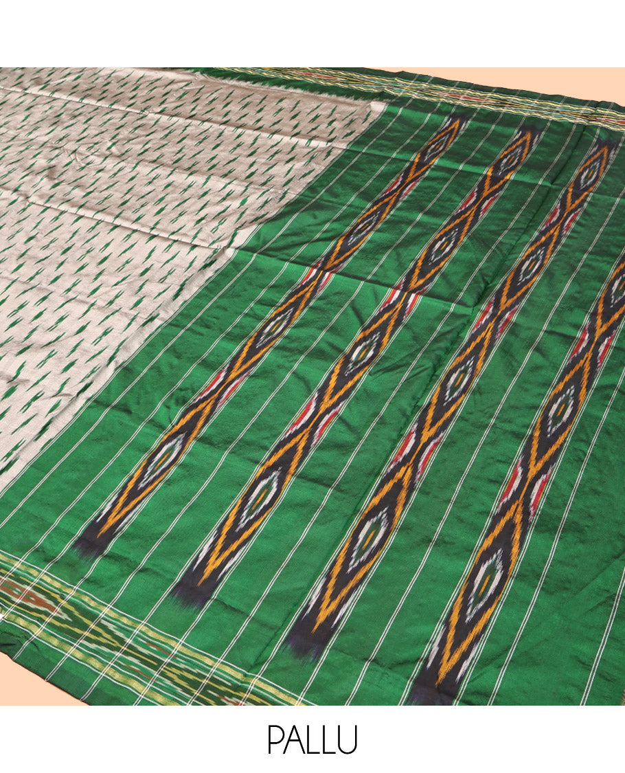 Grey-Green Pochampally Ikat Silk Saree, Adorned with Ikat Buttas, Complemented by a Contrast Ikat Border, Ikat-Style Pallu, and No Blouse