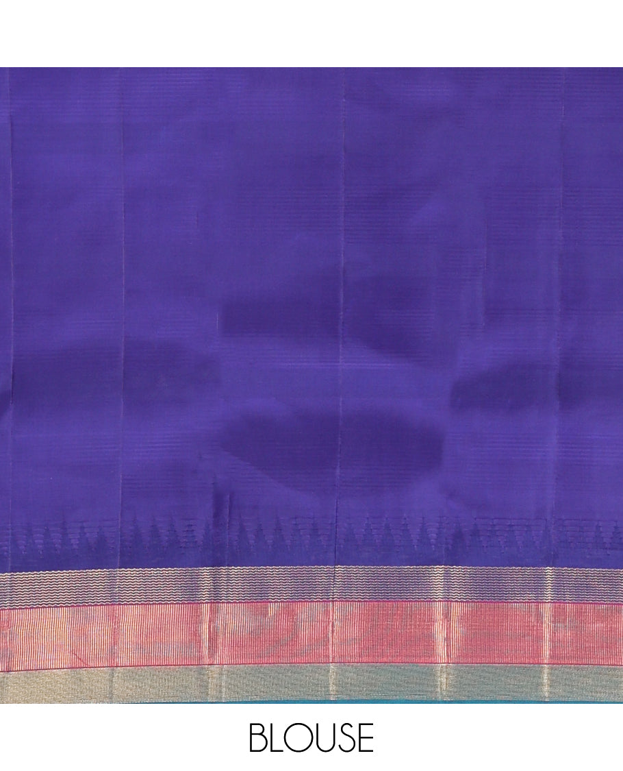 Cream Bangalore Silk Saree, Complemented by a Contrast Temple Border, Pallu of Geometric Designs, and a Contrast Blouse