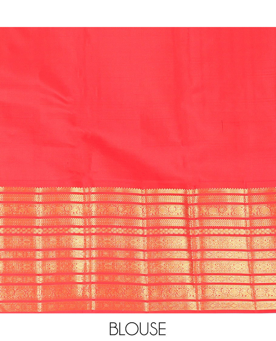 Cream Kanchipuram Designer Silk Saree, Finely Crafted with Geometric Design, Contrast Border of Rekku, Kathir, Annam Chakram, and Jada Nagam Design, Jaal Pallu, and a Contrast Blouse