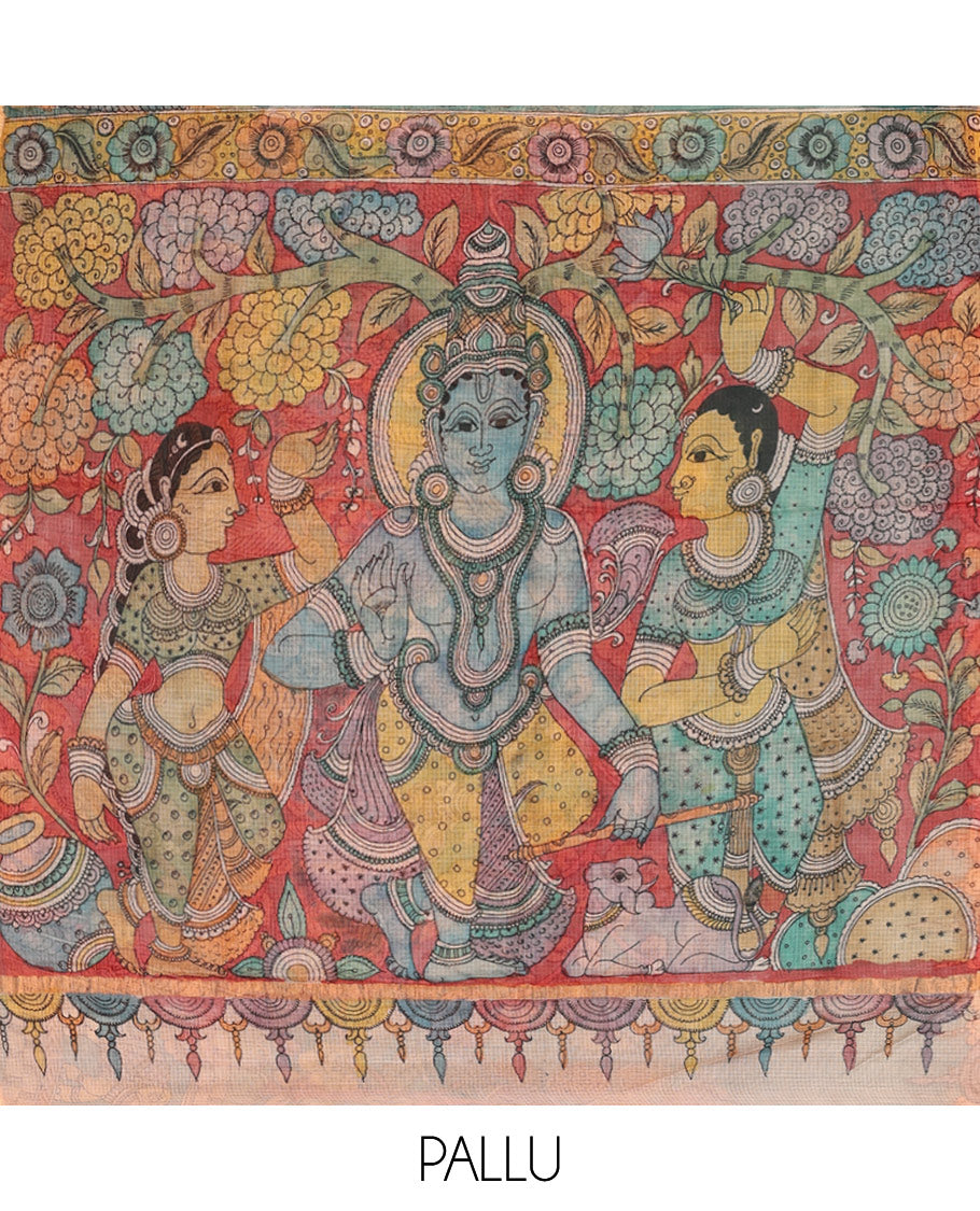 Blue Flora-Fauna-Human Pen Kalamkari Silk Saree, Contrast Zari Border, God Motif Pallu, Contrast Blouse