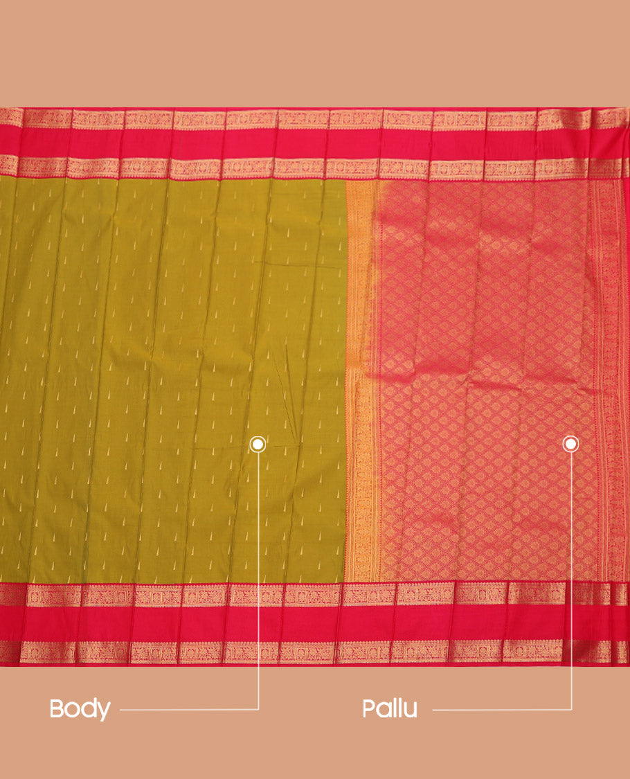 Green Budget Silk Saree, Prettified with Zari Buttas, Complemented by a Contrast Traditional Zari Rettai Pettu Border, Grand Pallu, and Contrast Blouse