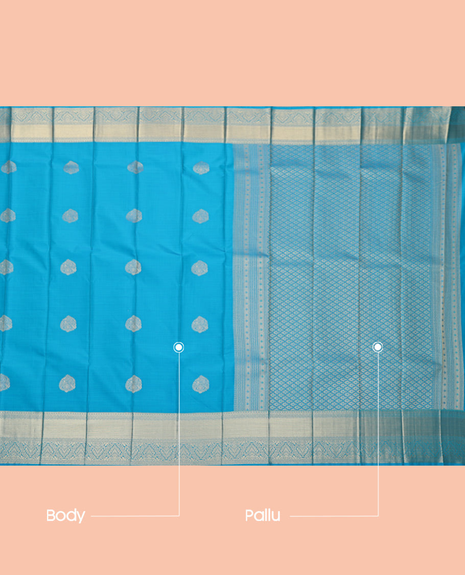 Light Blue Budget Silk Saree, Graced with Zari Buttas, Highlighted by a Traditional Zari Border, Intricate Pallu, and Matching Blouse