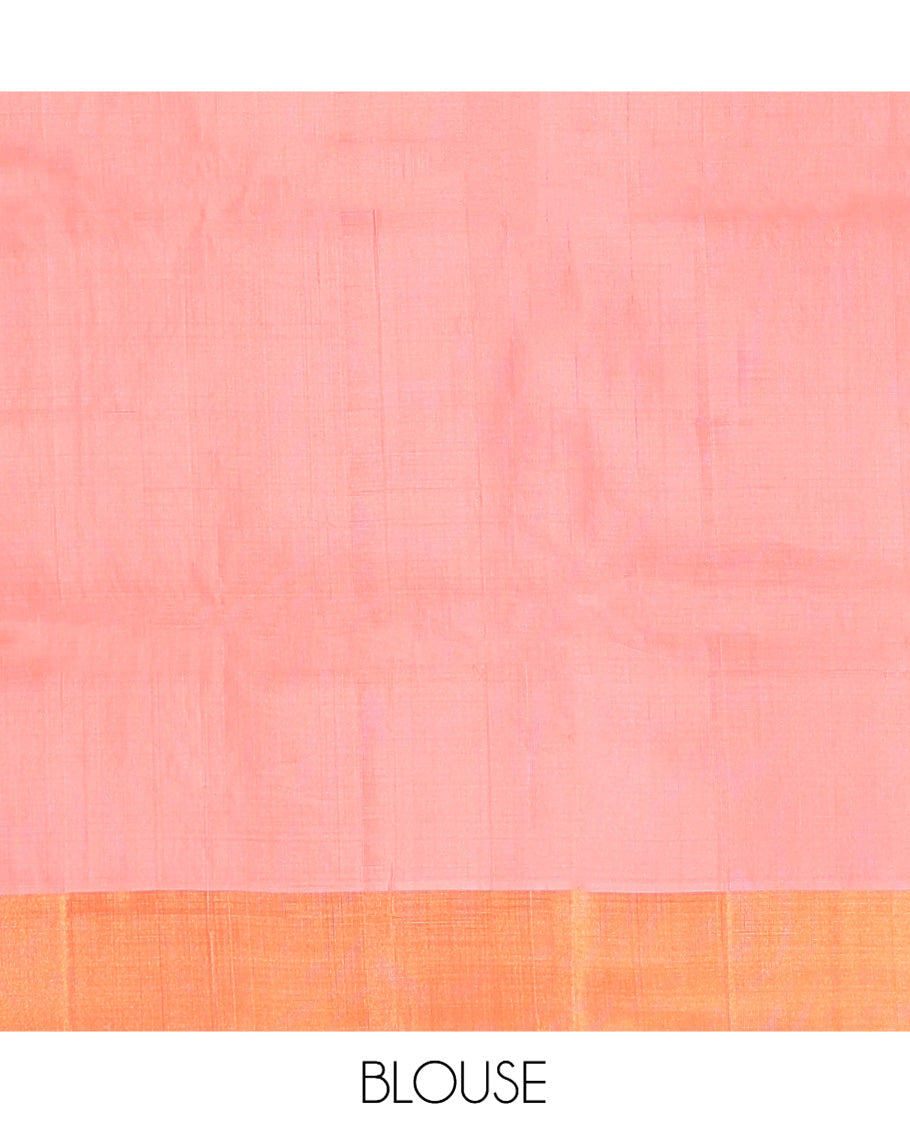 Coral Pink Uppada Silk Saree, Dazzled with Zari Buttas, a Bavanji Border, Grand Floral Jaal Pallu, and a Matching Blouse