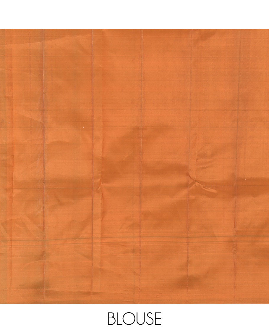 Orange Kanchipuram Silk Saree, Woven with Zari Buttas, a Contrast Thazampoo Rekku Border, Zari Design Pallu, and a Contrast Blouse