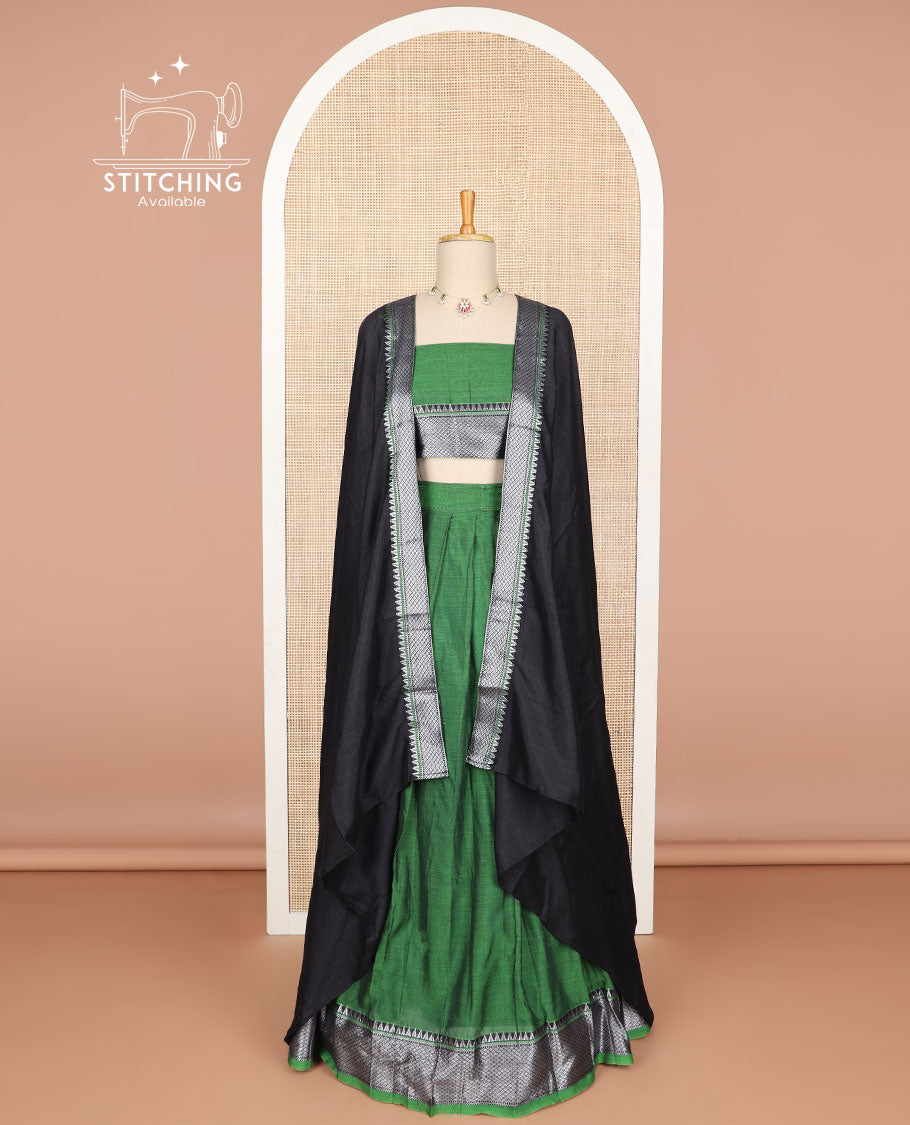 Green cotton half saree with contrast zari design border, zari design blouse & intricate zari design border dhavani
