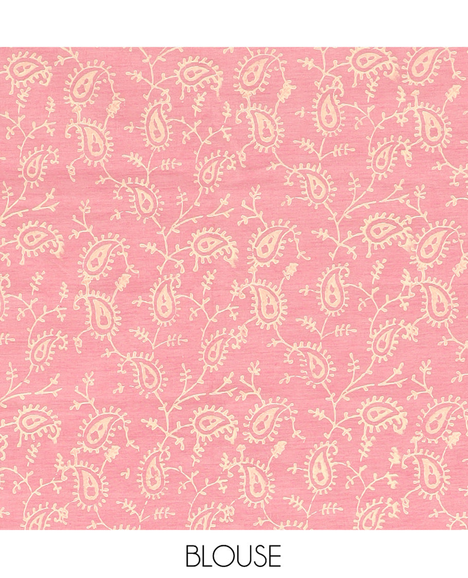 Cream Paisley Printed South Cotton Saree, Comes with a Hand Block-Printed Border, a Matching and a Contrast Block-Printed Blouse