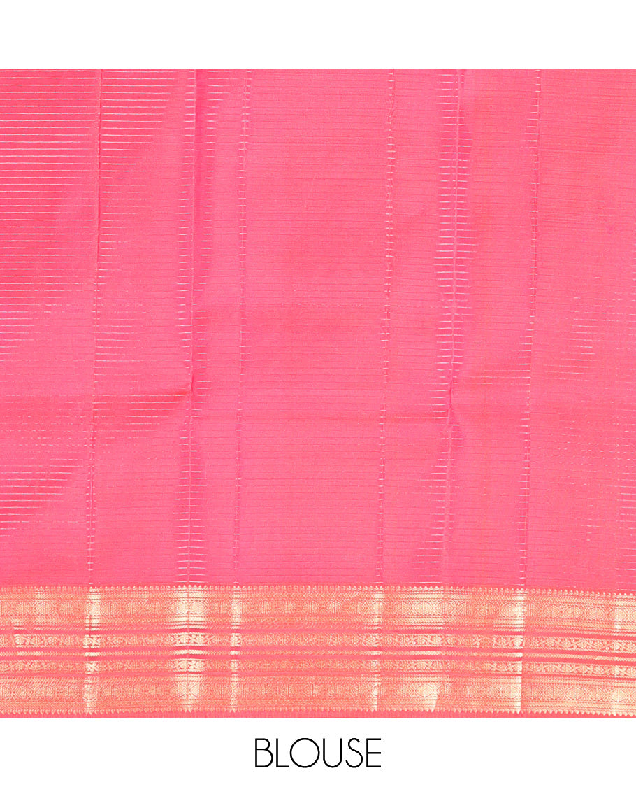 Green Vasundhara Silk Saree, Showcasing Zari Buttas and Checks, a Contrast Border of Thilakam, Kathir, Cross Kamalam, and Kodi Visiry Designs, Grand Pallu, and Contrast Blouse