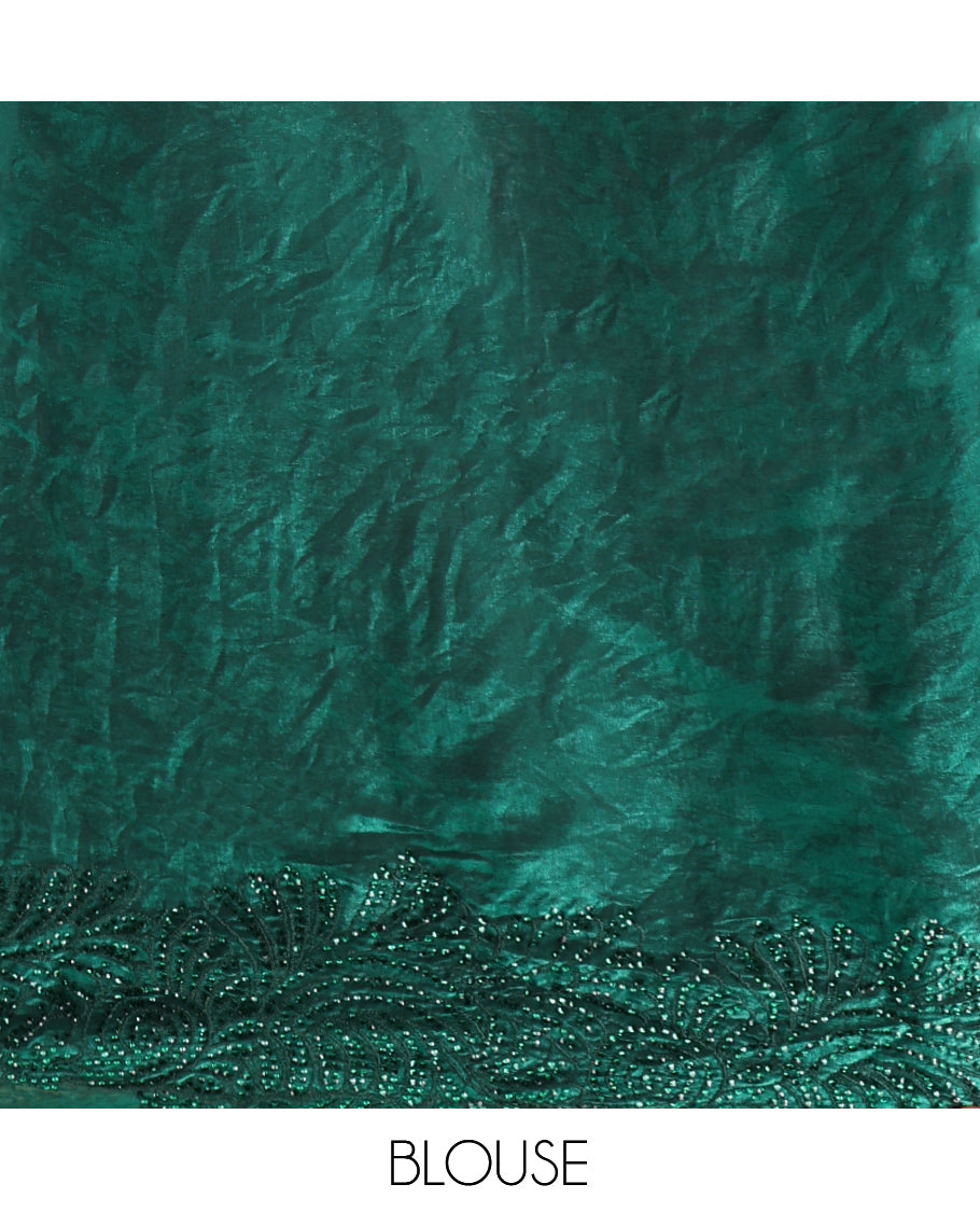 Green Designer Saree, Masterfully Woven with Floral Stone Patchwork, a Scallop Stonework Border, and a Matching Blouse