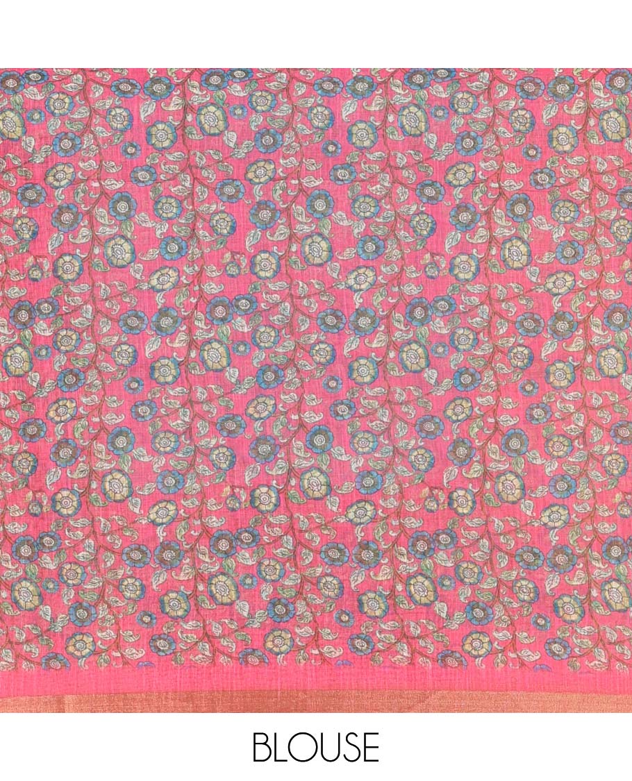 Blue argyle shibori printed linen cotton saree, contrast border, kalamkari floral vine printed pallu, and a contrast kalamkari printed blouse