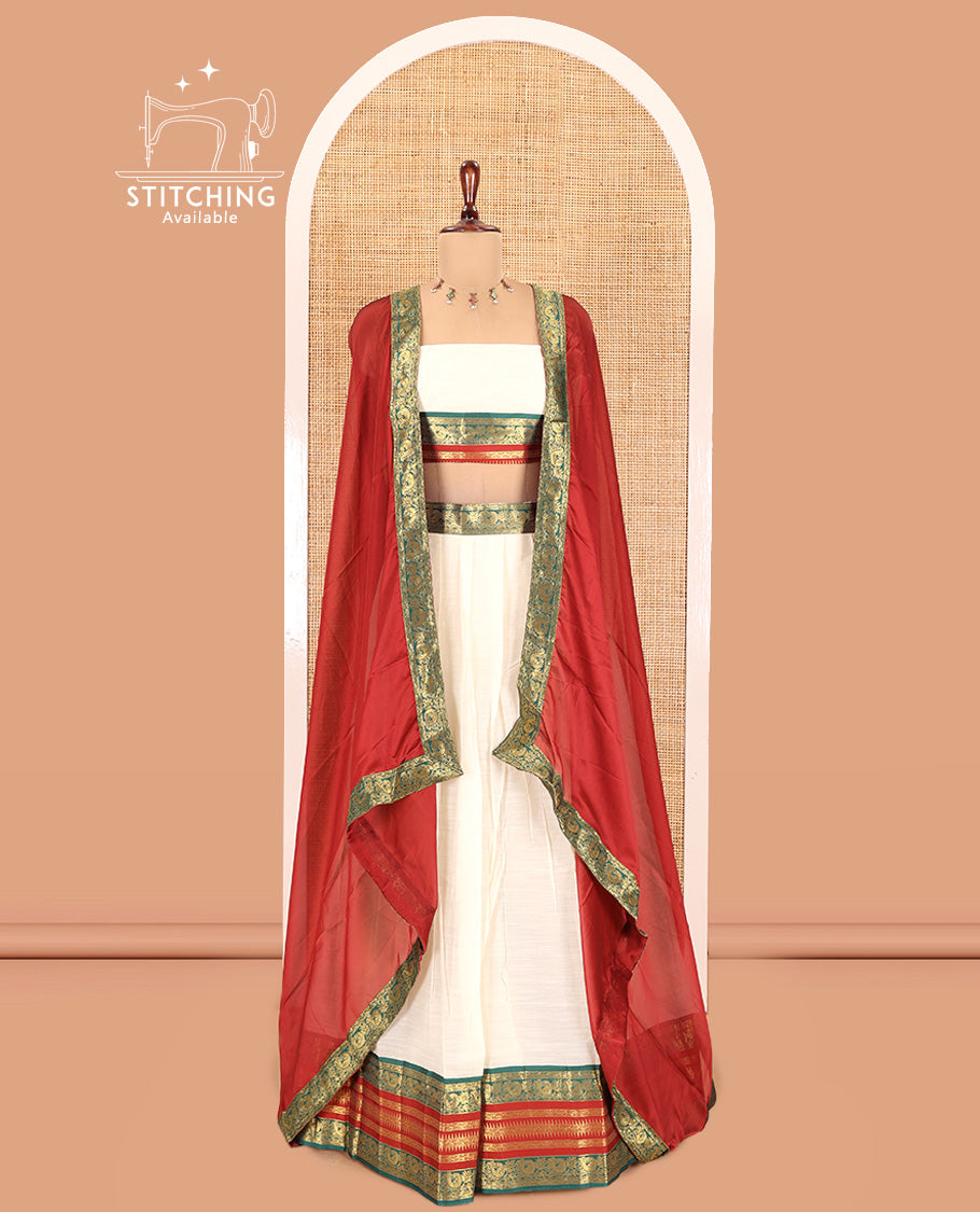 Cream-Maroon Semi-Silk Cotton Half-Saree