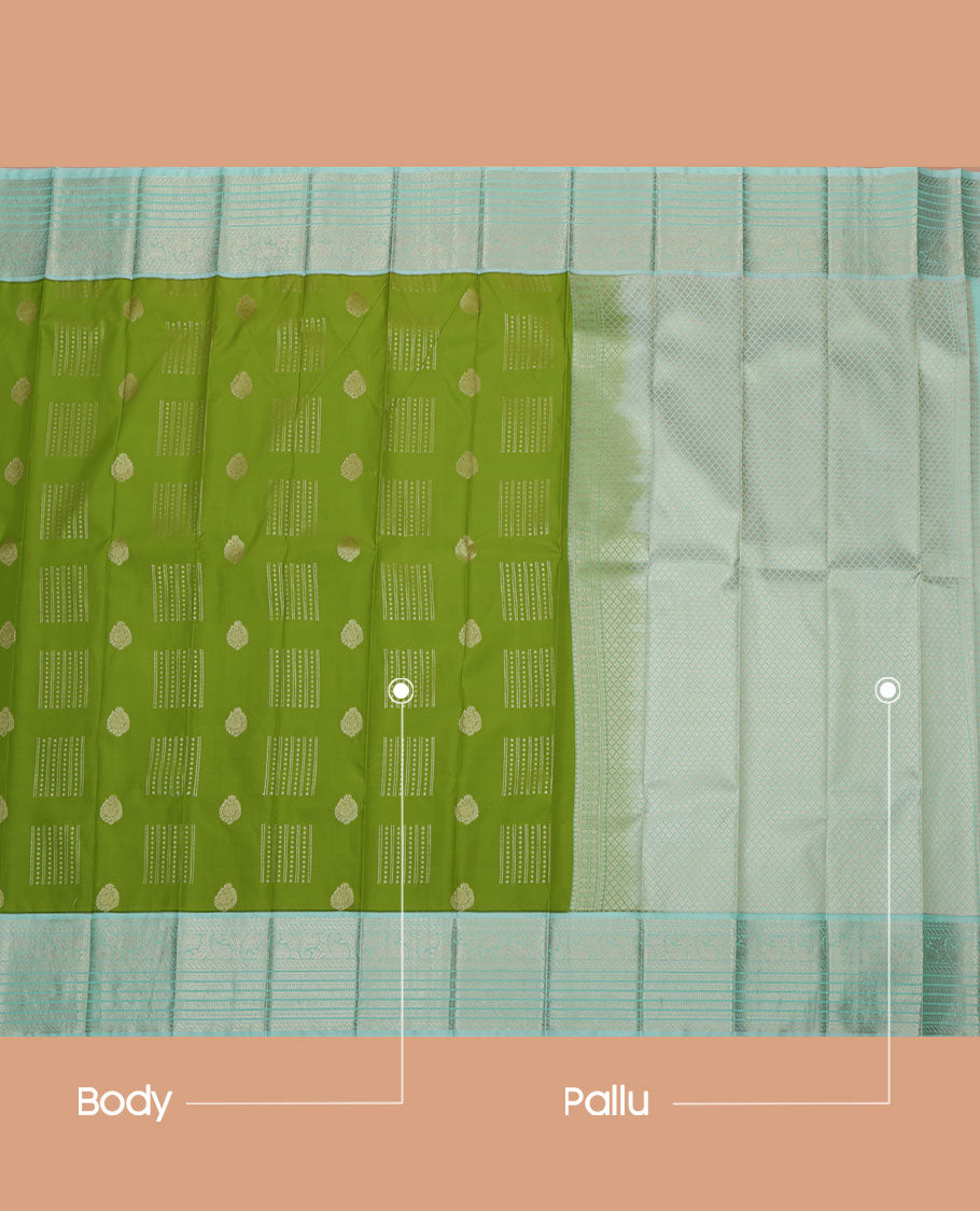 Green Budget Silk Saree, Richly Detailed with Zari Buttas All Over Its Body, Complemented by a Contrast Traditional Zari Design Border of Paisleys, Sparsely Woven Pallu of Jaal Designs, and Paired with a Contrast Blouse