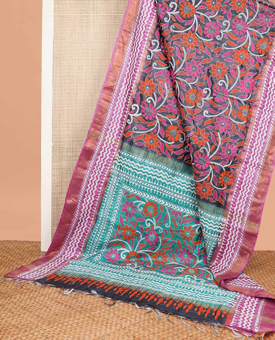 Black floral thread embroidery tussar silk saree with contrast geometric design border & floral embroidery pallu