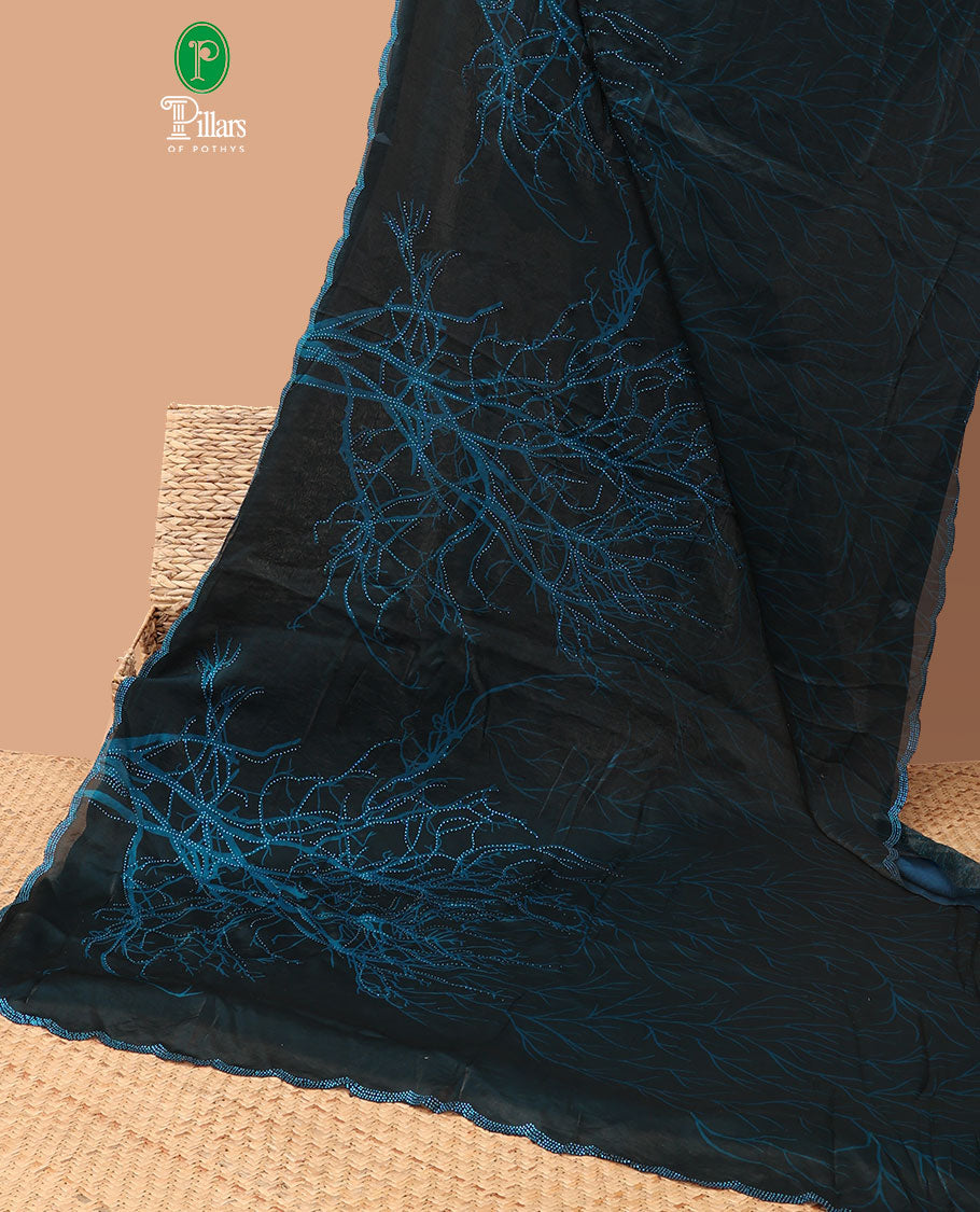 Peacock blue digital print, diamond work fendy satin saree with stone work border