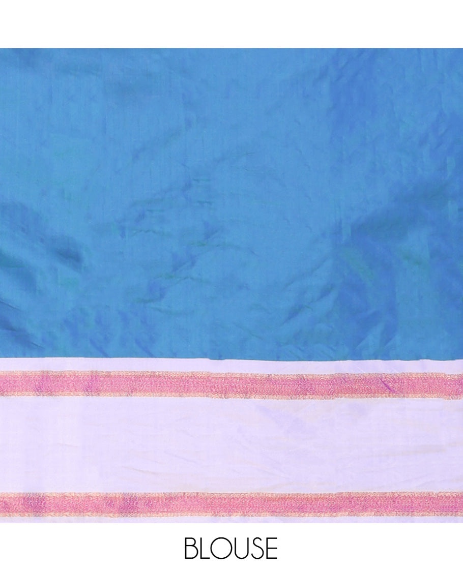 Blue Checked Aarani Gift Saree, Complemented by a Contrast Border of Sparsely Woven Buttas, Pallu of Stripes, and Paired with a Matching Blouse