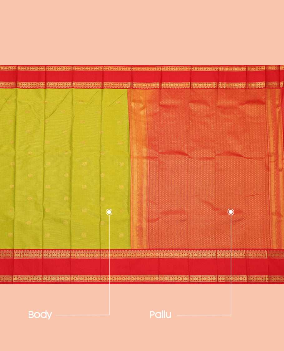 Green Budget Silk Saree, Sparsely Sparkled with Zari Buttas and Stripes, Complemented by a Contrast Traditional Zari Rettai Pettu Border, Grand Jaal Pallu, and a Contrast Blouse
