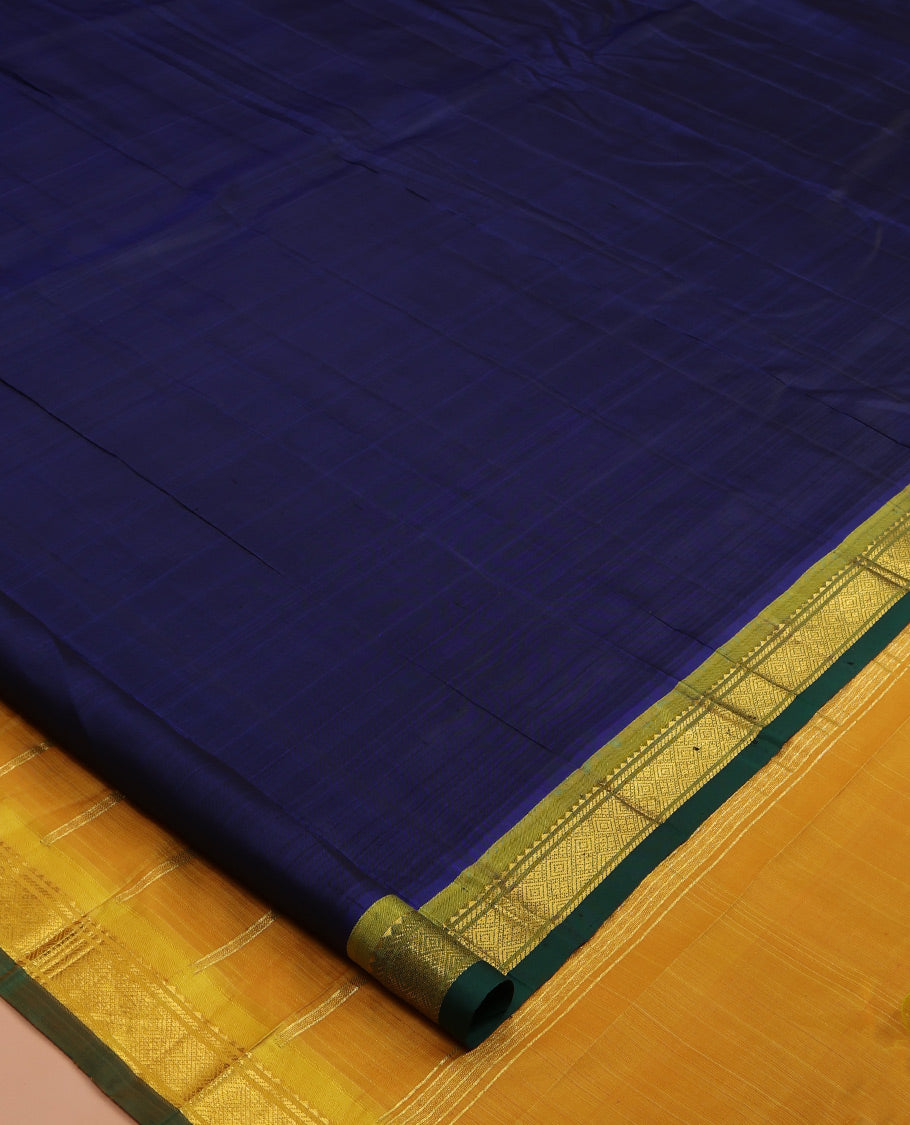 Blue Plain Kanchipuram Silk Saree, a Contrast One-sided Border of Rekku, Banaras, and Jaal Designs, Zari Striped Pallu, and No Blouse