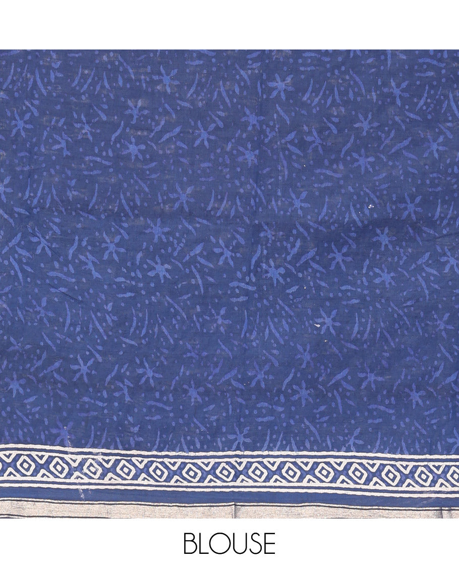 Blue Mul Mul Cotton Saree, Embellished with Tree Buttas, a Piping Border, Printed Pallu, and a Matching Blouse
