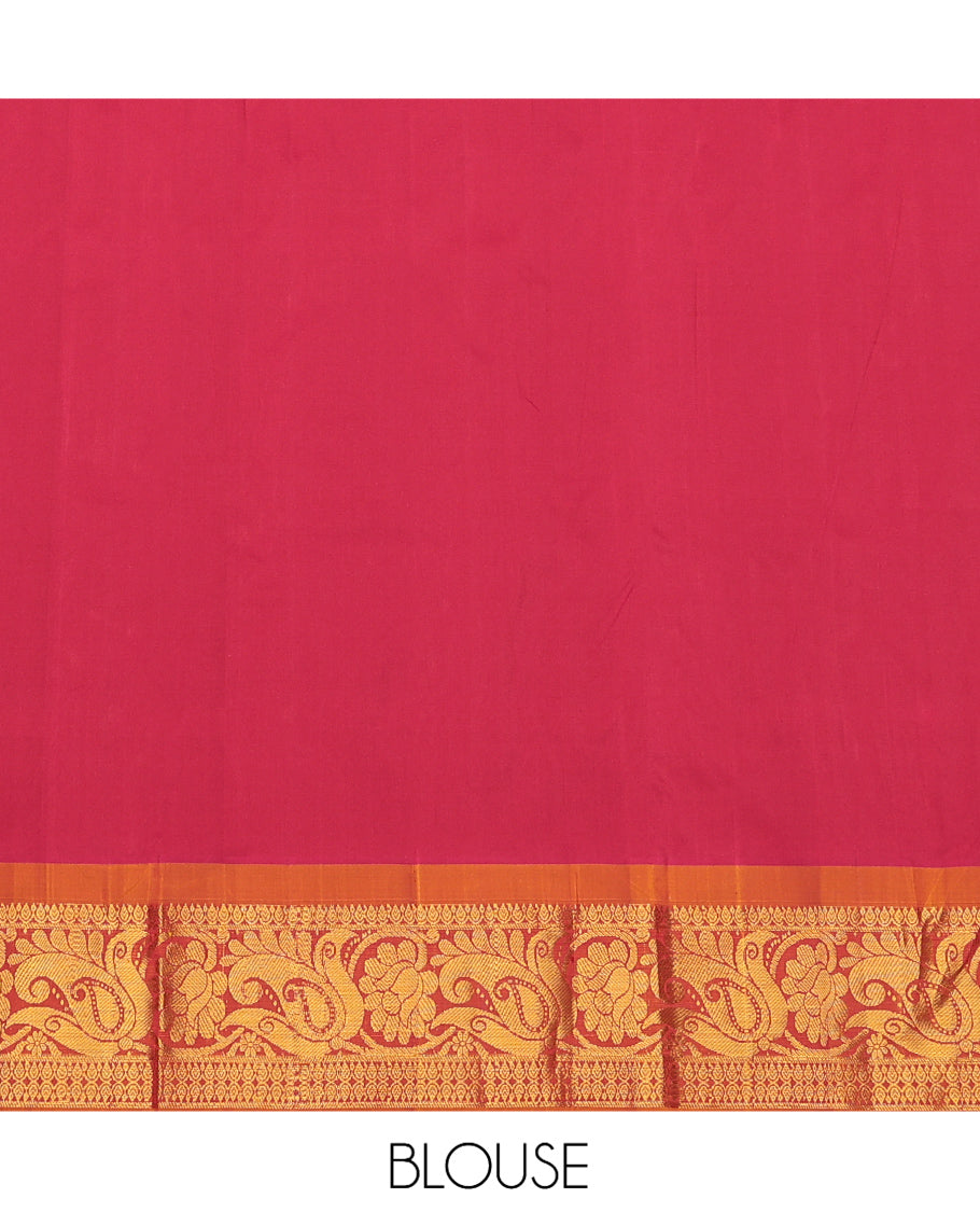 Red Art Silk Pavadai Material Set, Detailed with Zari Designs on Its Skirt, Complemented by a Contrast Traditional Zari Border, and a Matching Blouse