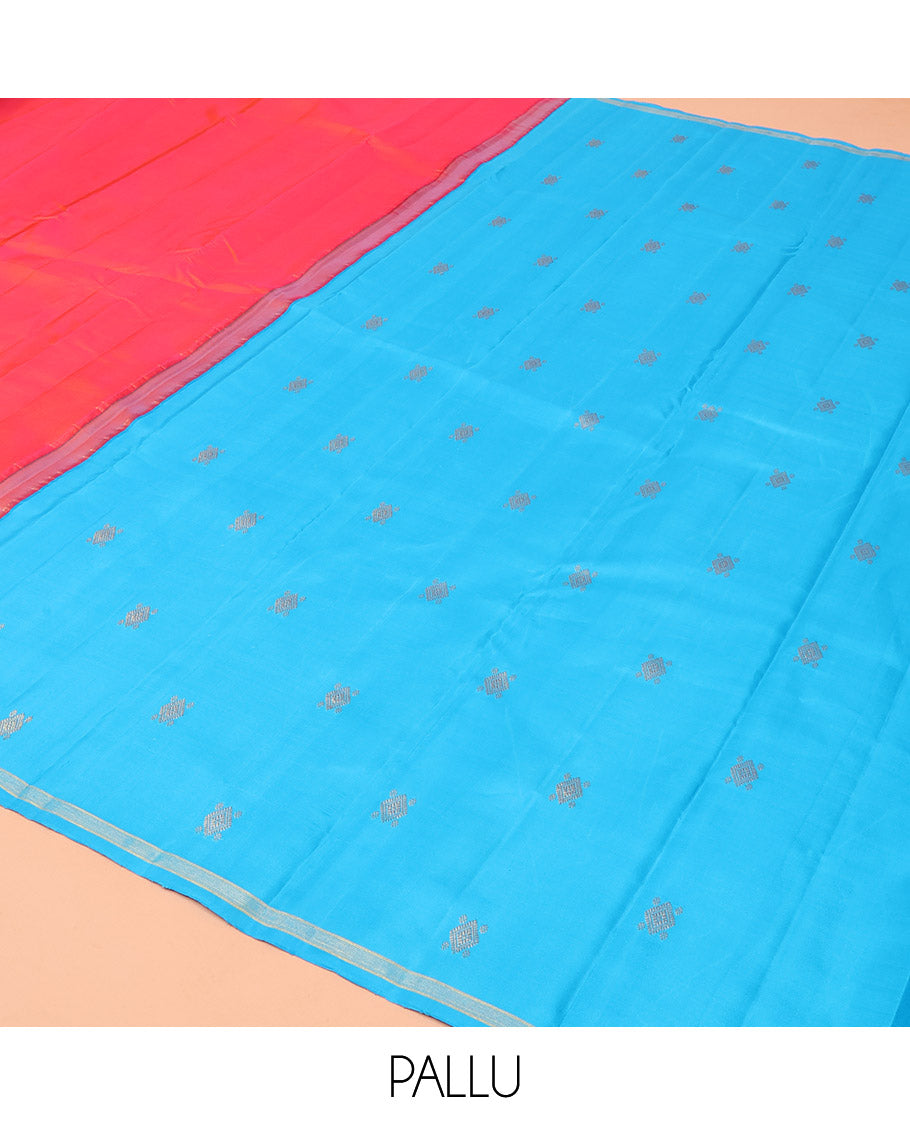 Captivating Pink Plain Kanchipuram Silk Saree, Subtly Woven Zari Striped Border, Complemented by Vibrantly Colored Pallu of Zari Buttas, and Paired with a Contrast Blouse