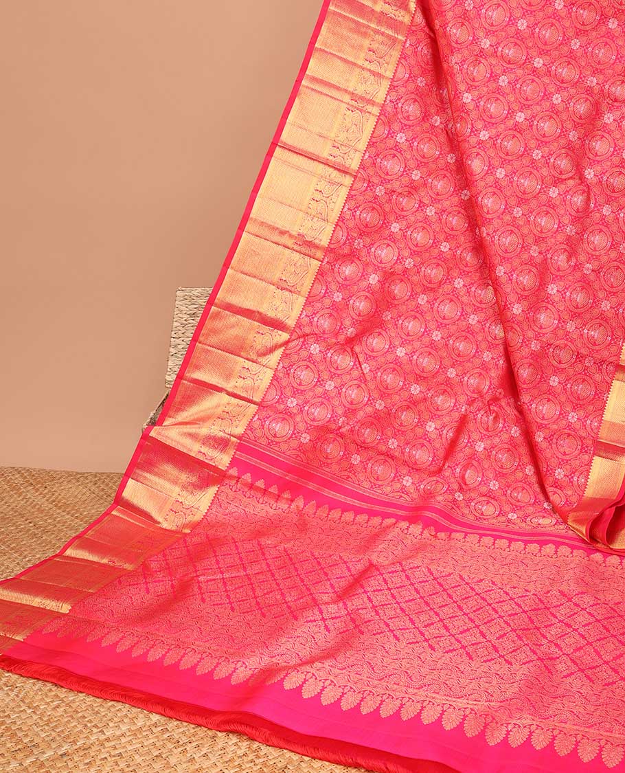 Red jacquard samudrika silk saree with self intricate zari design border & traditional zari design pallu